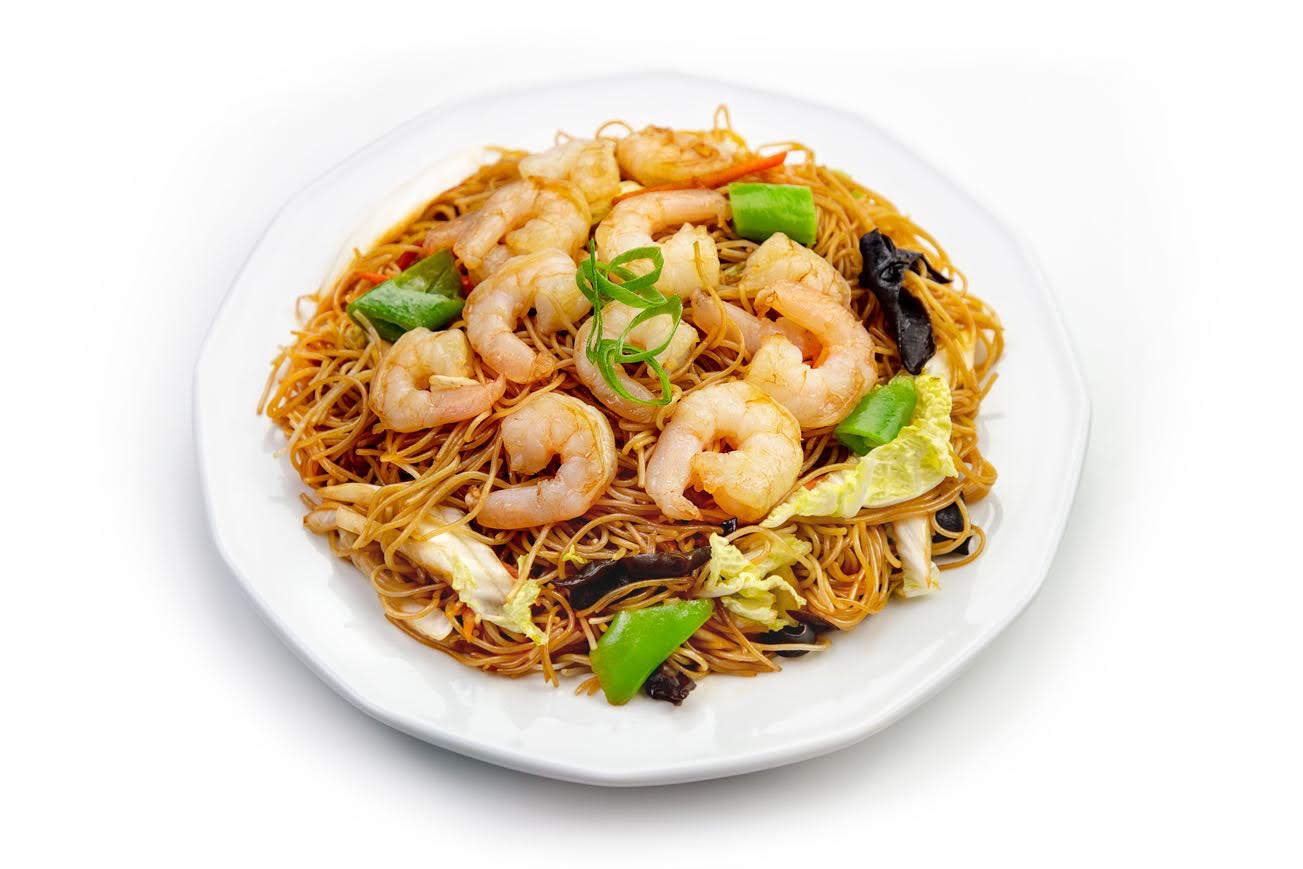A noodle dish with shrimp